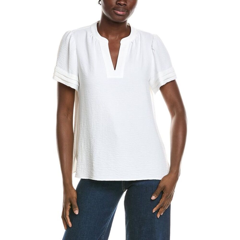Jones New York Womens Mandarin Collar V-Neck Blouse, White